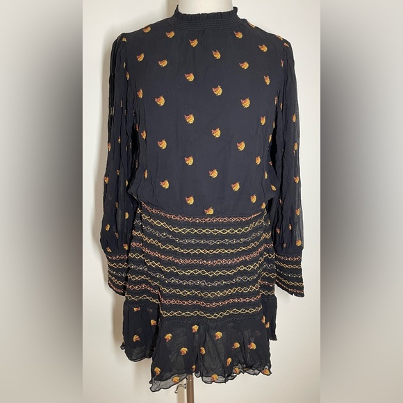 Farm Rio | Long Sleeve Crepe Smocked Mini Dress | Embroidery & Beads | XL - Picture 2 of 8